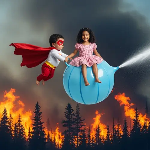 Caped Toddler Superhero Combating Forest Fire with Unique Dress