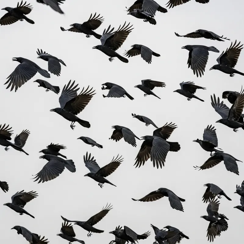 Majestic Flock of Crows Soaring on White Background