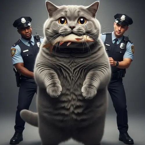 Plump British Shorthair Cat Balancing on Hind Legs with Big Fish