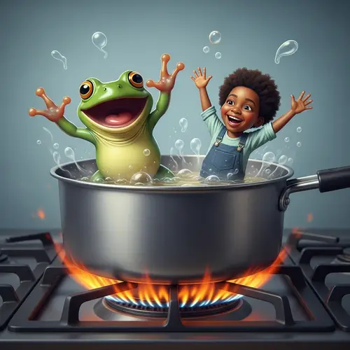 Joyful Frog and Person Escaping Boiling Pan on Stove