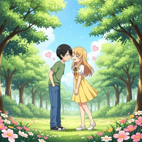 Innocent Moment in Sunlit Park | Boy and Girl Sharing a Peck