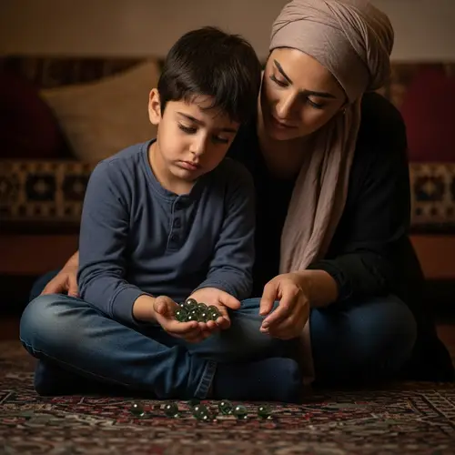 Middle-Eastern Boy and Mother Playing Marbles: Shared Moment of Joy