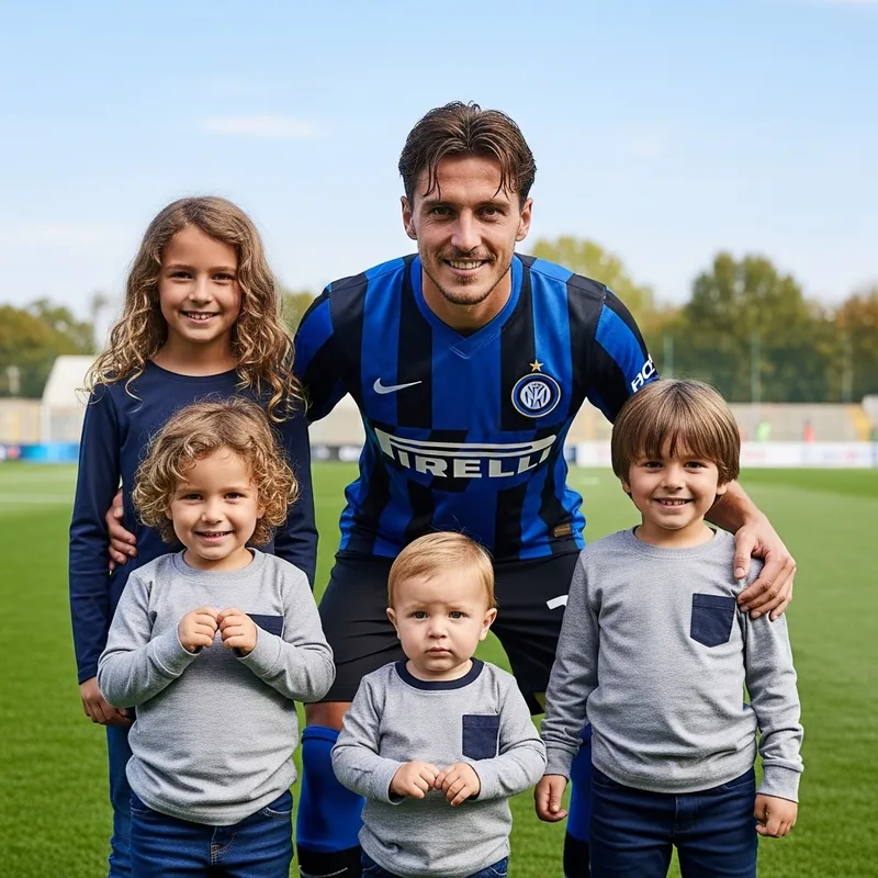 Icardi and Kids in Blue and Black Striped Uniform