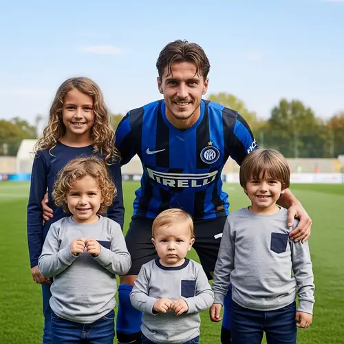 Professional Soccer Player with Three Children in Blue and Black Striped Uniform
