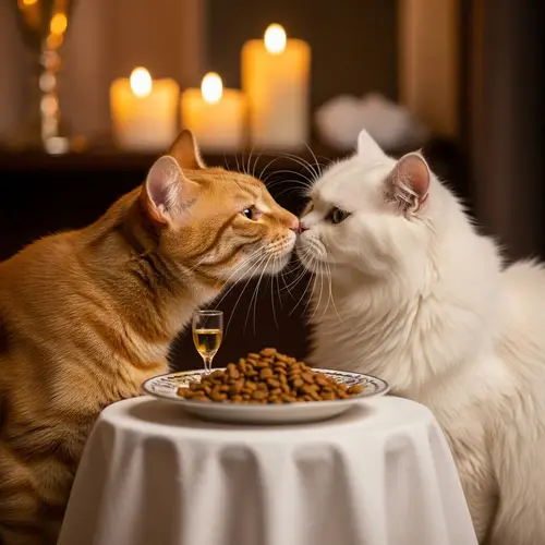 Romantic Date Scene of Orange and Persian Cats | Gourmet Cat Dining