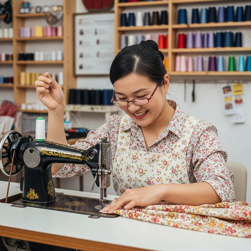 Happy Person Sewing on Antique Machine