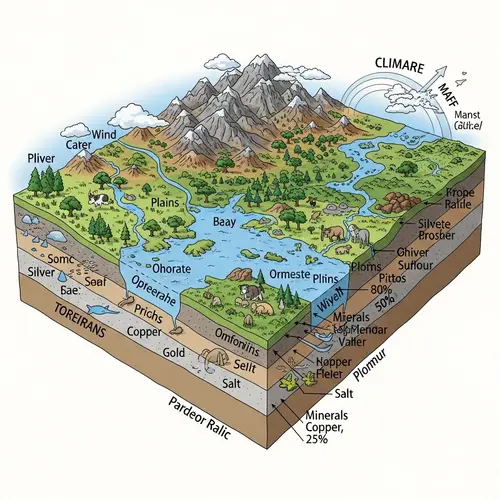 Intricate Natural Environment Illustration: Land, Relief, Water, Climate, Minerals, Flora & Fauna