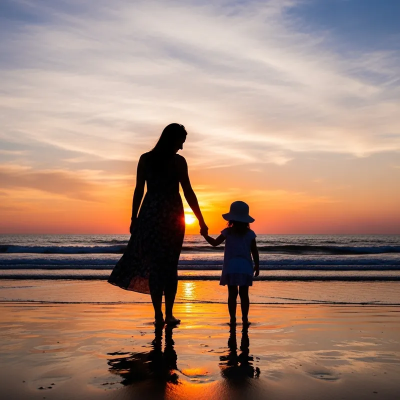 Woman and Toddler Walking on the Beach Silhouette