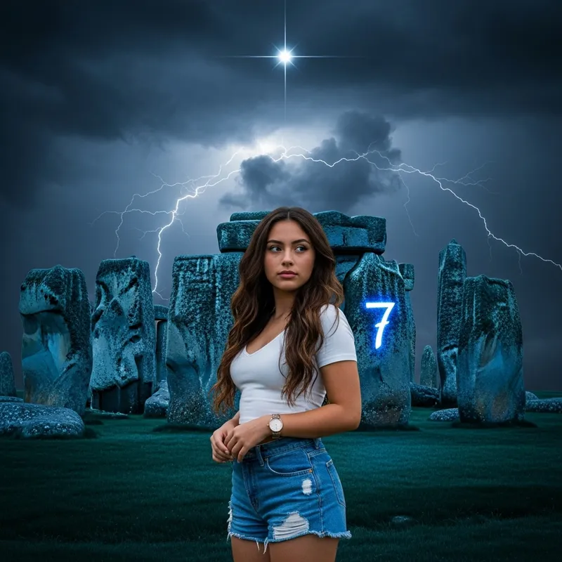 Mystical Scene: 18-Year-Old with Wavy Hair at Glowing Stonehenge