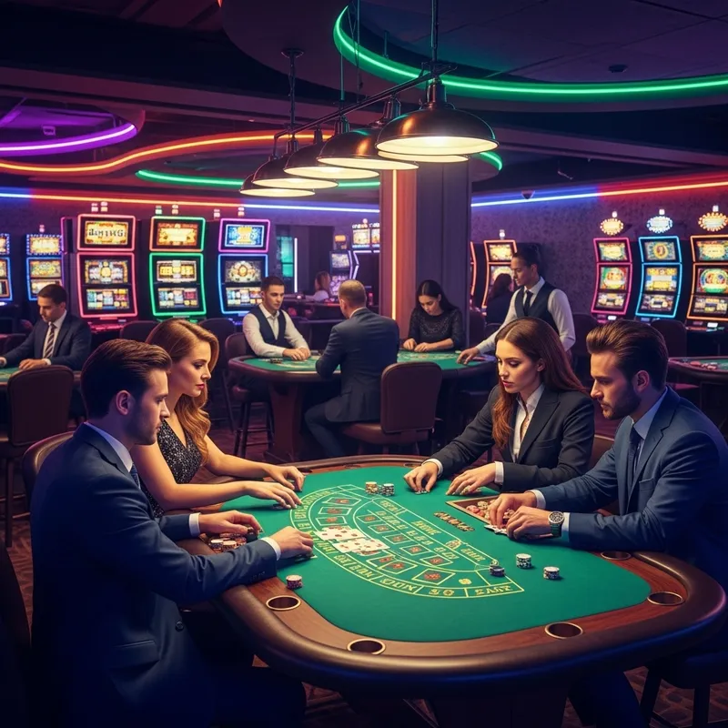 Bustling Neon Casino Scene | Diverse Card Games & Slots