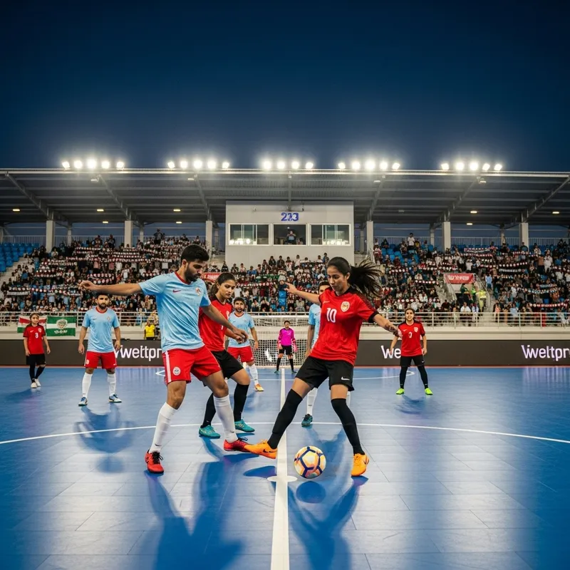 Futsal Stadium Under Evening Sky: Intense Match & Passionate Spectators Futsal Stadium Under Evening Sky: Intense Match & Passionate Spectators