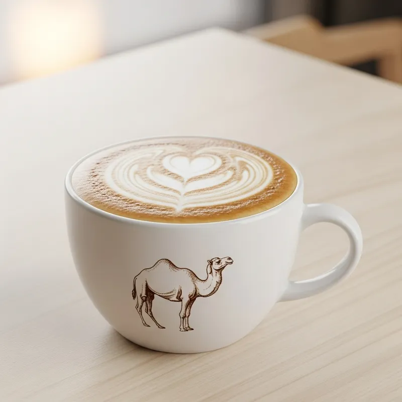 White Cappuccino Cup with Camel and Heart Shape Art