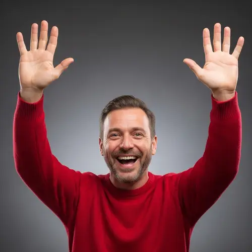 Jubilant Caucasian Man in Vibrant Red Sweater