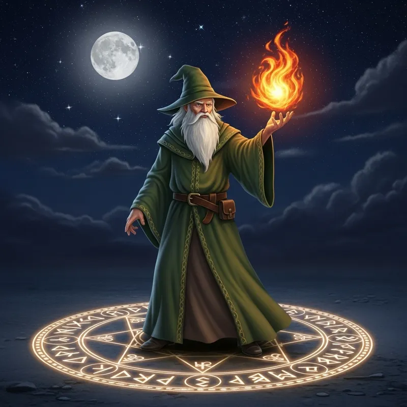Elderly Sorcerer Casting Fireball - Mystical Night Scene