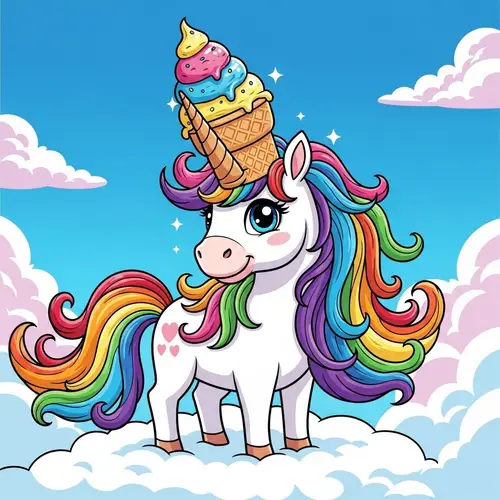 Playful White Unicorn with Ice Cream Horn | Rainbow Colors