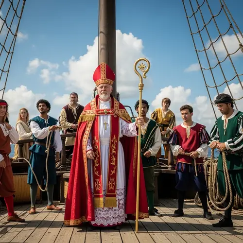 Traditional Bishop on Ship with Diverse Helpers in Renaissance Costumes