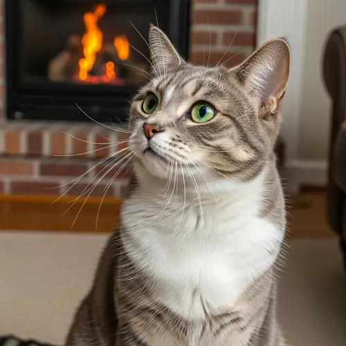 Curious Domestic Cat in Cozy Living Room with Fireplace