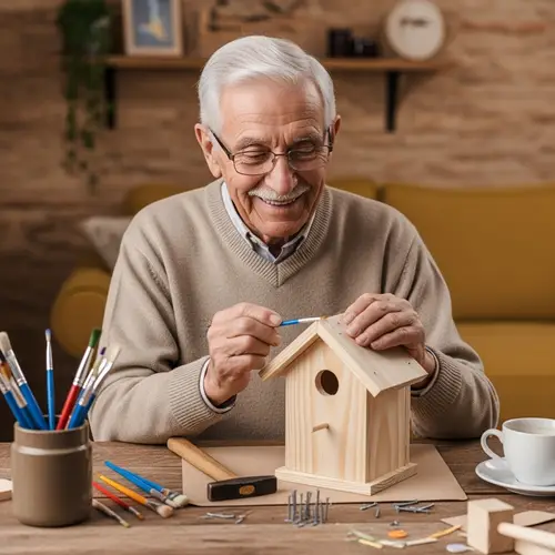 Elderly Hispanic Man Crafting Wooden Birdhouse with Joy
