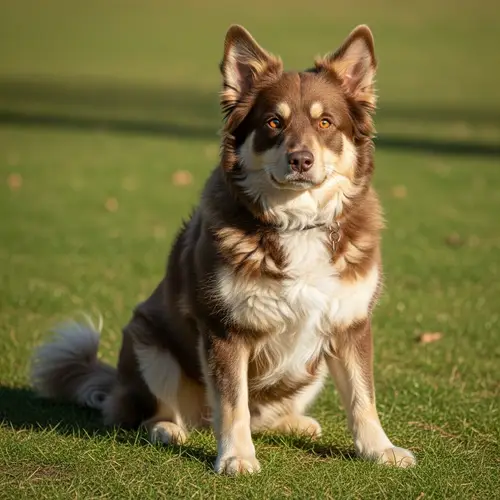 Furry Dog Sitting on Grassy Plot - Joyful and Colorful Companion
