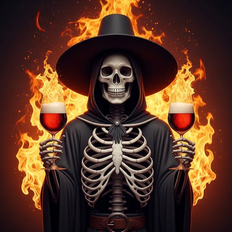 Eerie 3D Skeleton with Wine Glasses in Flames