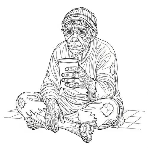 Intricate 3D One-Line Art of Sad Beggar Seeking Alms
