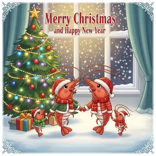 Festive 'Merry Christmas & Happy New Year' Shrimp Family Card