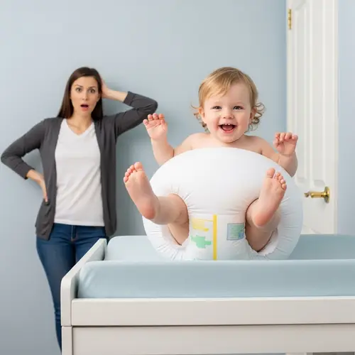 Cheerful Toddler on Changing Table with Inflated Beach Ball Diaper