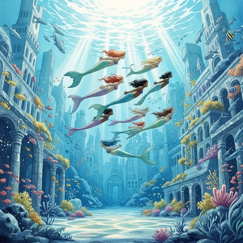 Colorful Underwater Cityscape with Whimsical Mermaids and Marine Life
