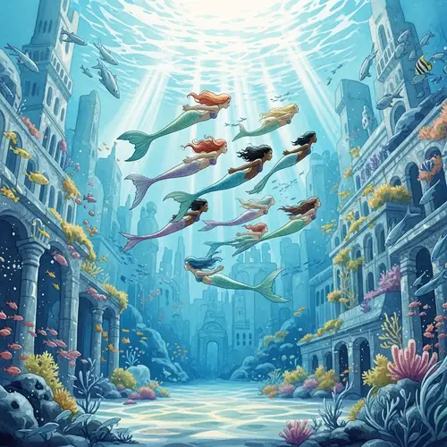 Fantastical Underwater Cityscape with Graceful Mermaids | Fantasy Realm