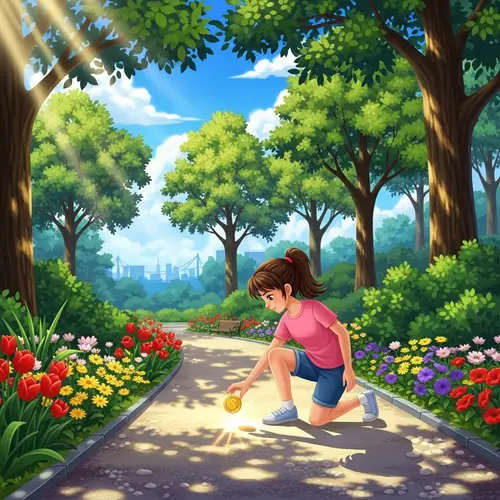 Girl Finds Golden Coin in Vibrant City Park