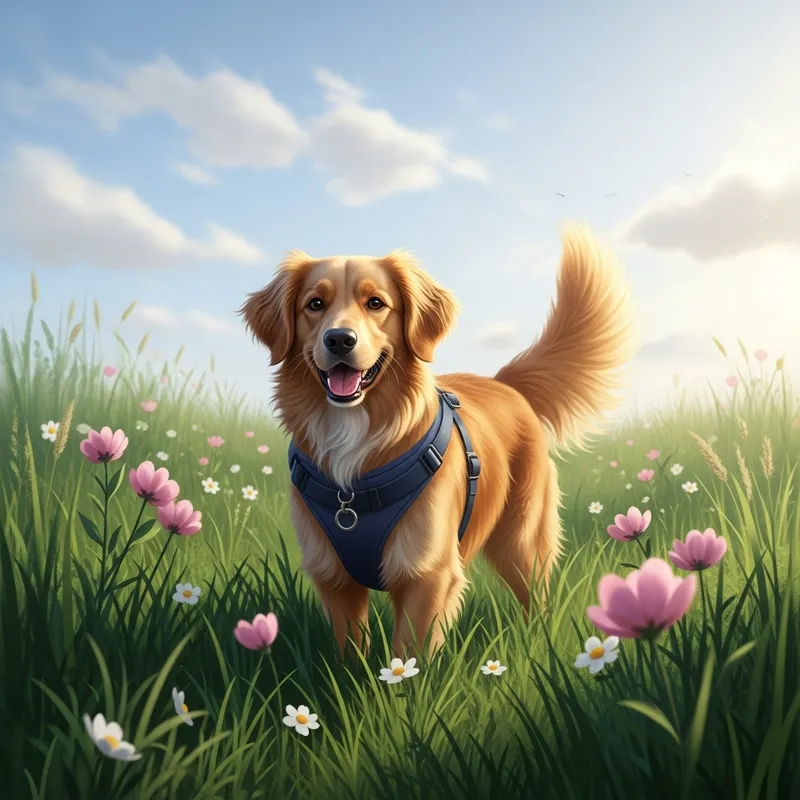 Golden Fur Dog in Vibrant Meadow