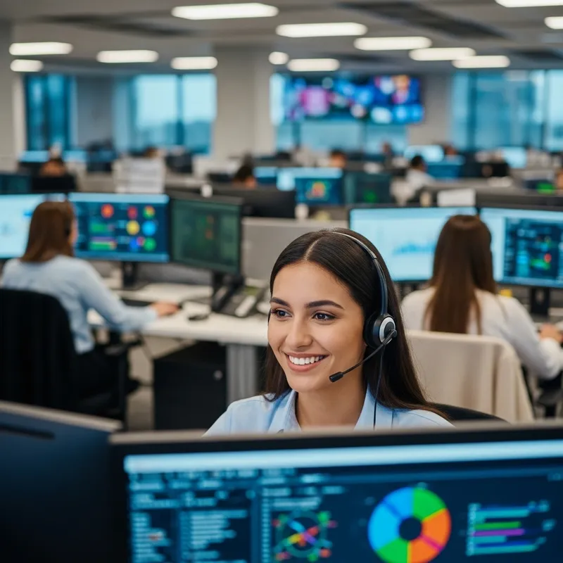 Hyper-Realistic UHD Image of Smiling Latina Woman at Call Center Surrounded by Monitors