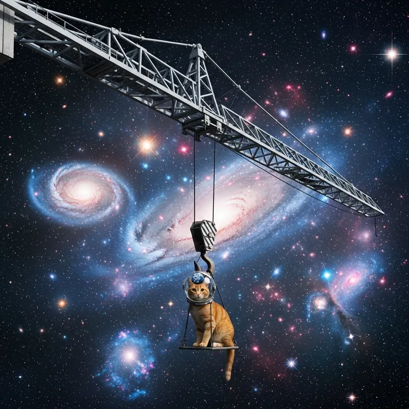 Cat Traveling Through Space on a Crane