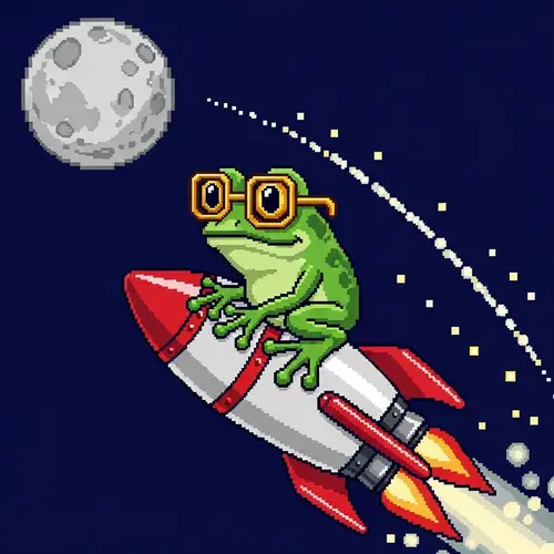 Pixel Art Frog with Golden Eyeglasses on Rocket to Moon