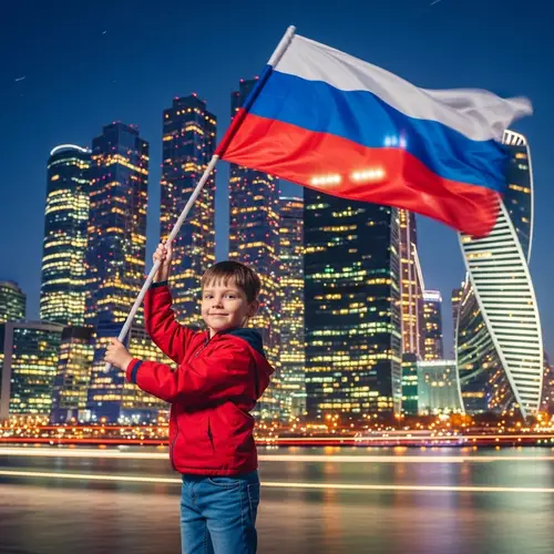 Young Boy Waving Russian Flag at Night - Cityscape Backdrop