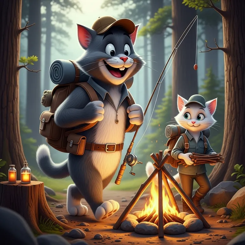 Jovial Grey Tomcat's Forest Adventure with Comrade