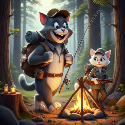 Jovial Grey Tomcat Adventure in the Forest with White Female Cat