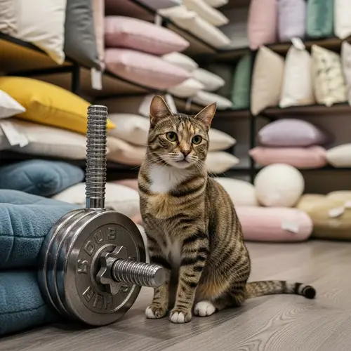 Curious Cat in Colourful Pillow Shop | Soft Pillows & Gym Weight