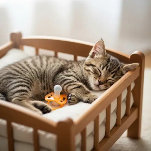Adorable Baby Kitten Sleeping in Crib with Pacifier