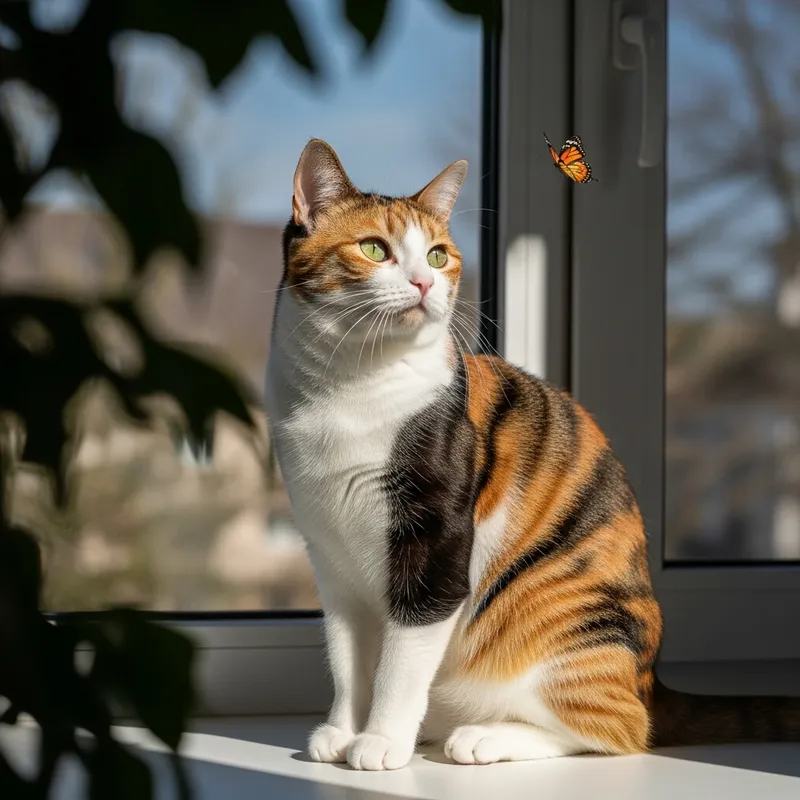 Adorable Calico Cat Watching a Butterfly