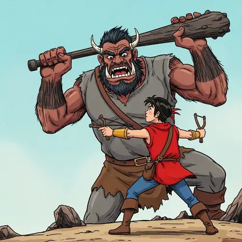 Epic Battle Scene: Young Hero vs. Towering Giant