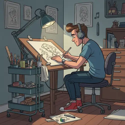 Cartoonist Immersed in Creativity | Drawing Table Scene