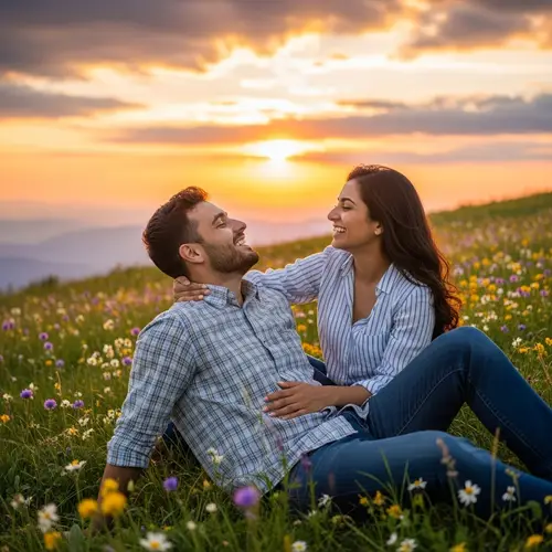 Radiant Spring Moment: Hispanic Man & Middle-Eastern Woman on Mountain at Sunset