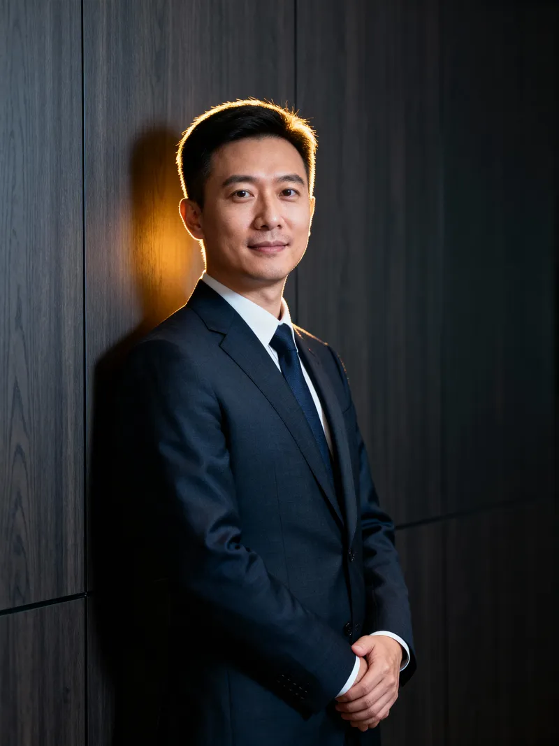 Confident Boardroom Portrait with Dramatic Lighting