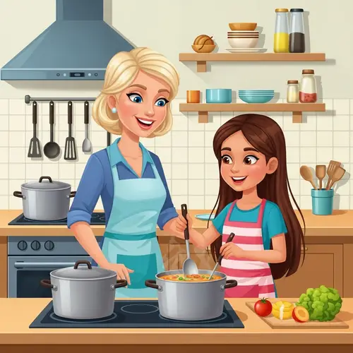 Cartoon Drawing of Blonde Mother and Brunette Daughter Cooking Together