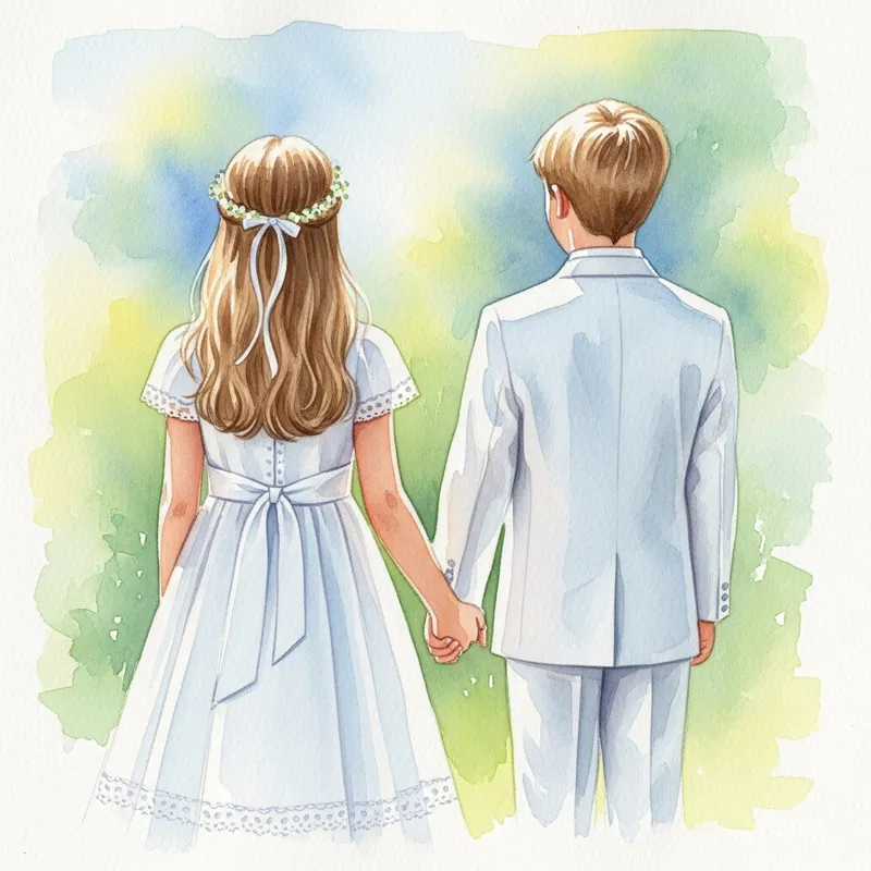 Watercolor Painting of Boy and Girl in Communion Dresses Holding Hands Watercolor Painting of Boy and Girl in Communion Dresses Holding Hands