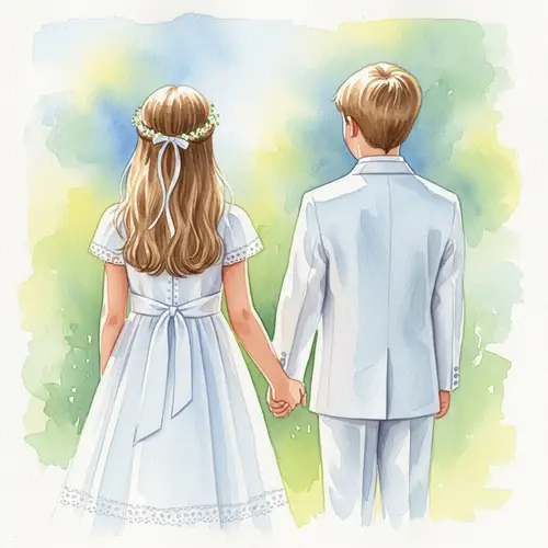 Watercolor Painting of Boy and Girl in Communion Dresses