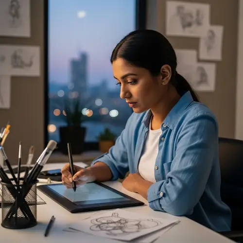 South Asian Woman Working on Digital Graphic Tablet - Artistic Workspace