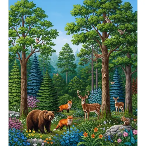 Enchanting Forest Oil Painting with Diverse Flora and Fauna