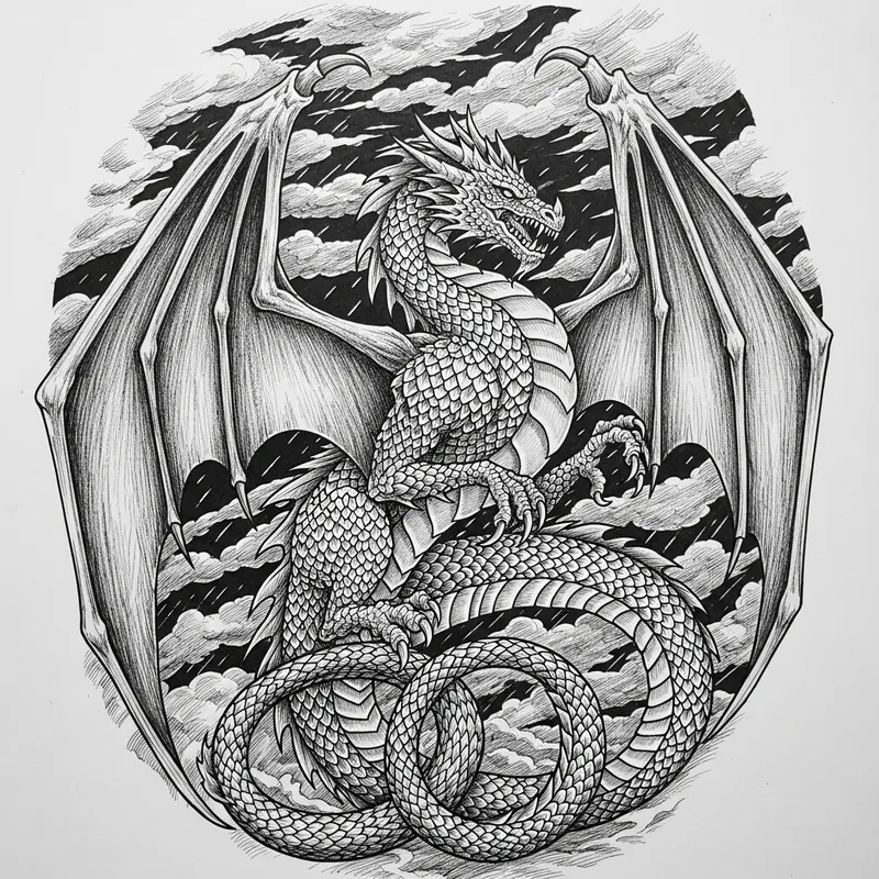 Detailed Ink Drawing of a Dragon with Majestic Wings